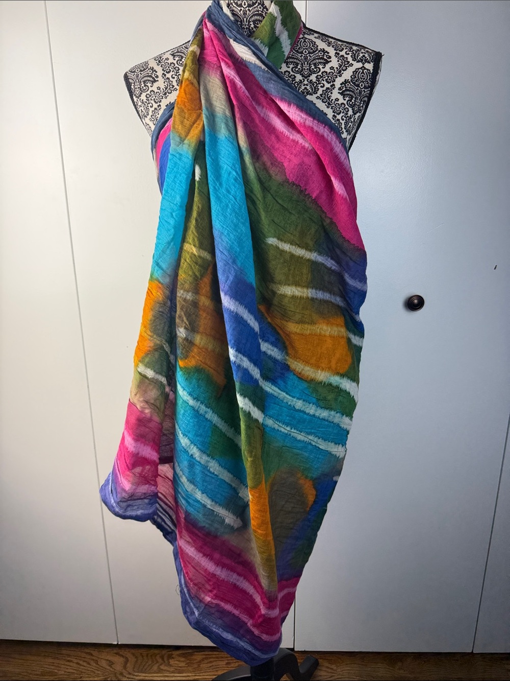 Vibrant Multicolor Tie-Dye Scarf Wrap hand dyed cotton muslin 70”x40” boho beach
